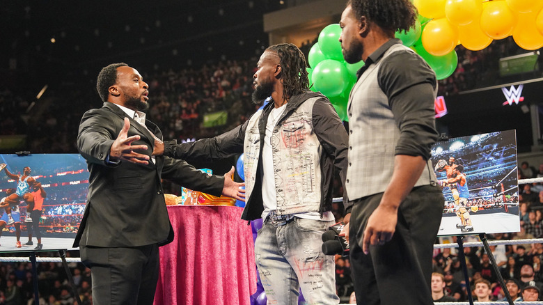 Big E, Kofi Kingston and Xavier Woods during The New Day 10th anniversary on Raw