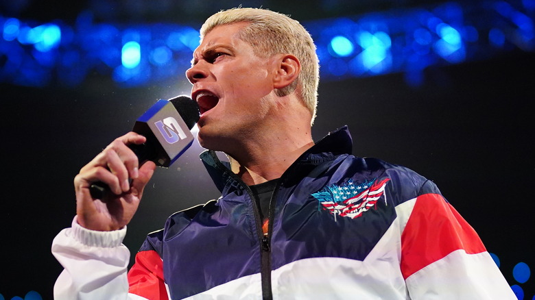 Cody Rhodes speaks while wearing tracksuit