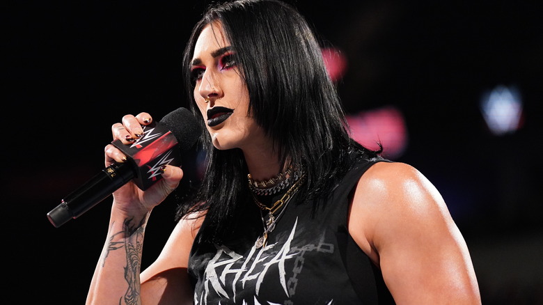 Rhea Ripley addresses the crowd during 