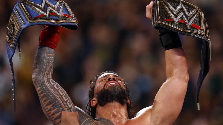 Roman Reigns after defeating Cody Rhodes for Undisputed WWE Universal Title Match during WrestleMania Goes Hollywood at SoFi Stadium on April 02, 2023 in Inglewood, California. 