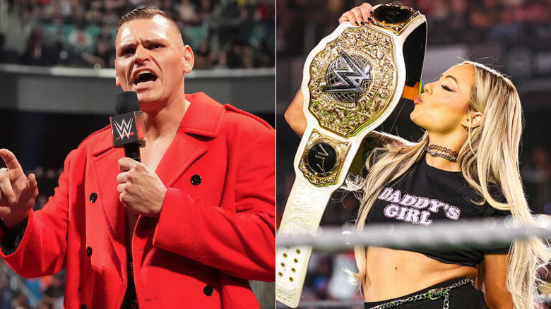 A composite image of Gunther speaking into WWE microphone and Liv Morgan holding up WWE women's world title belt