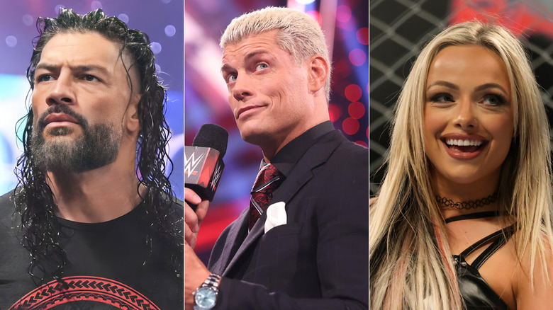 Composite image of Roman Reigns, Cody Rhodes and Liv Morgan