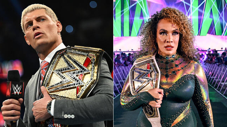 A composite image of Cody Rhodes holding Undisputed WWE title belt and Nia Jax holding WWE women's title belt