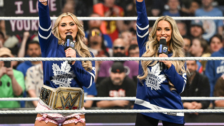 Tiffany Stratton and Trish Stratus during SmackDown at Scotiabank Arena on February 28, 2025 in Toronto, Canada.