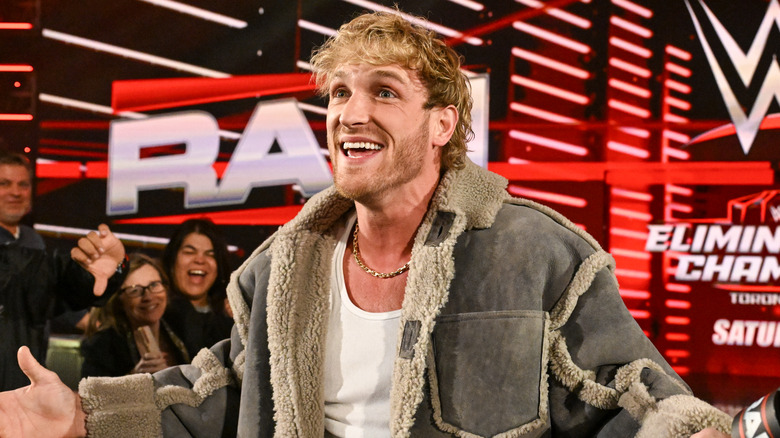 Logan Paul celebrates during Monday Night RAW at Heritage Bank Center on February 24, 2025 in Cincinnati, Ohio.