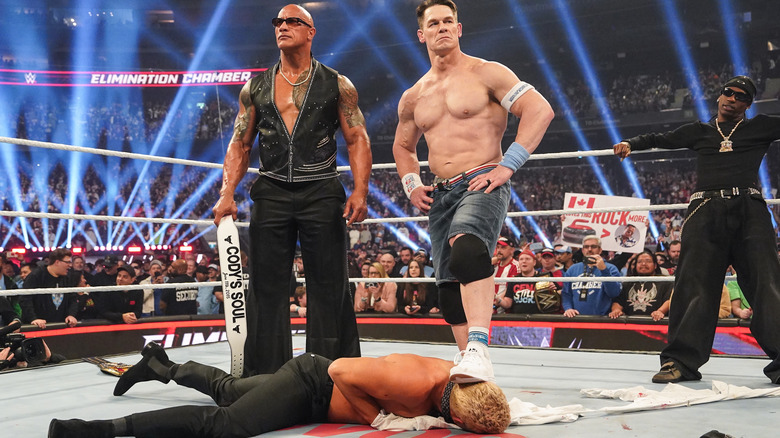 John Cena stands on Cody Rhodes' head with The Rock and Travis Scott by his side at WWE Elimination Chamber