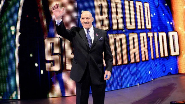 Bruno Sammartino waves to the crowd before his induction speech during the WWE Hall of Fame ceremony.