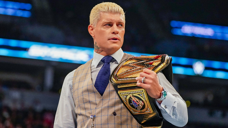 The Undisputed WWE Champion, Cody Rhodes, looks out into the crowd during an in-ring promo