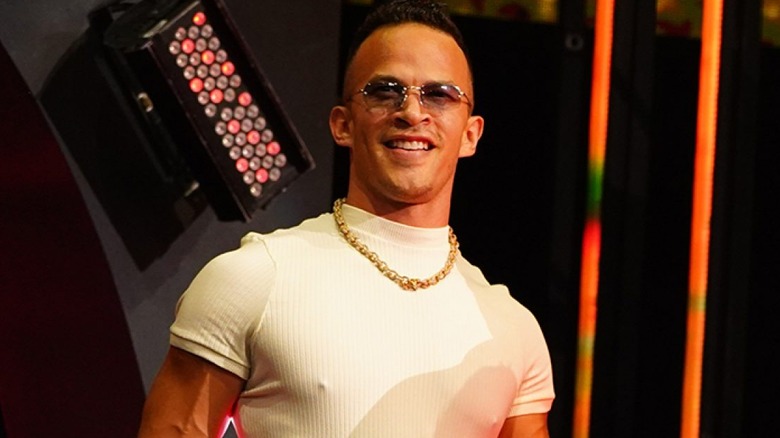 Former AEW star Ricky Starks (now WWE's Ricky Saints) smiles out into the crowd at the top of his ramp entrance