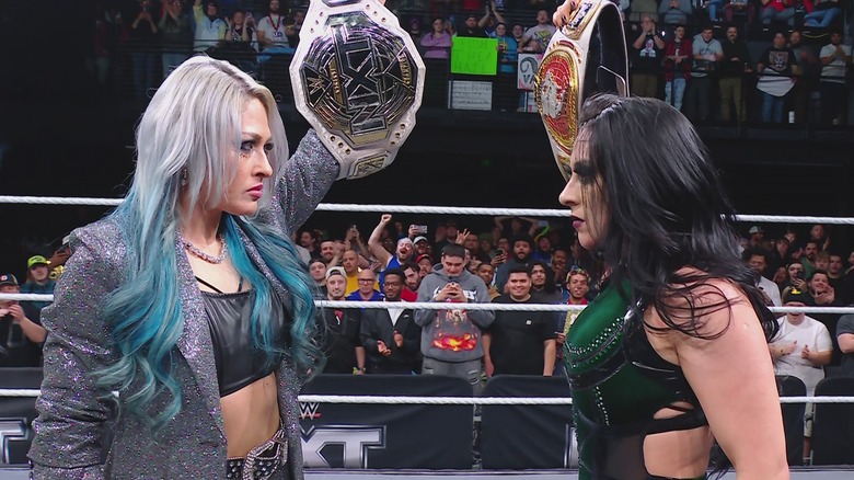 Giulia and Stephanie Vaquer staring each other down before their title vs. title match, 2025