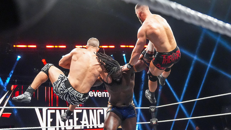 Oba Femi choke slams Grayson Waller and Austin Theory at the same time at WWE NXT Vengeance Day