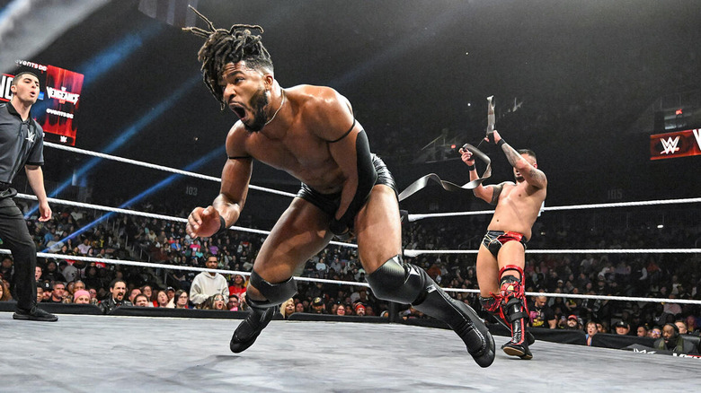 Eddy Thorpe uses the strap to low blow Trick Williams at WWE NXT Vengeance Day