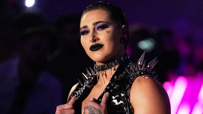 Rhea Ripley wearing spiked black jacker