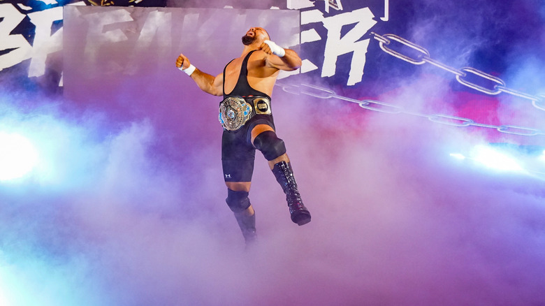 Bron Breakker poses during his entrance on "WWE Raw."