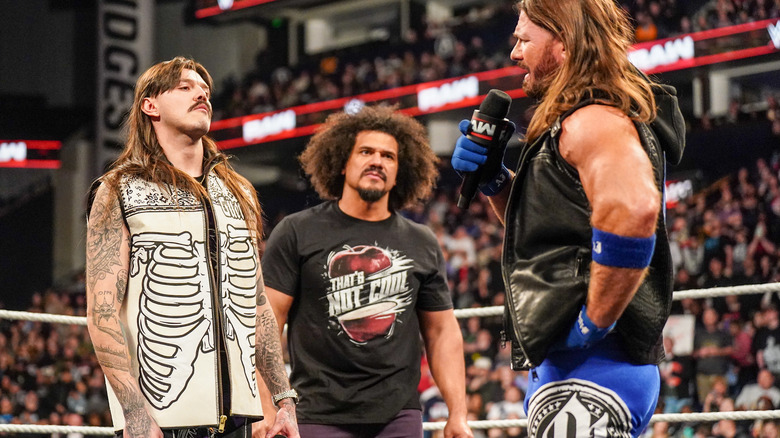 Dominik Mysterio and Carltio speak with AJ Styles during Monday Night RAW at Bridgestone Arena on February 10, 2025 in Nashville, Tennessee.