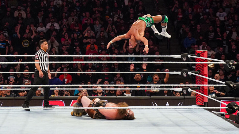 Chad Gable hitting a moonsault on Ivar