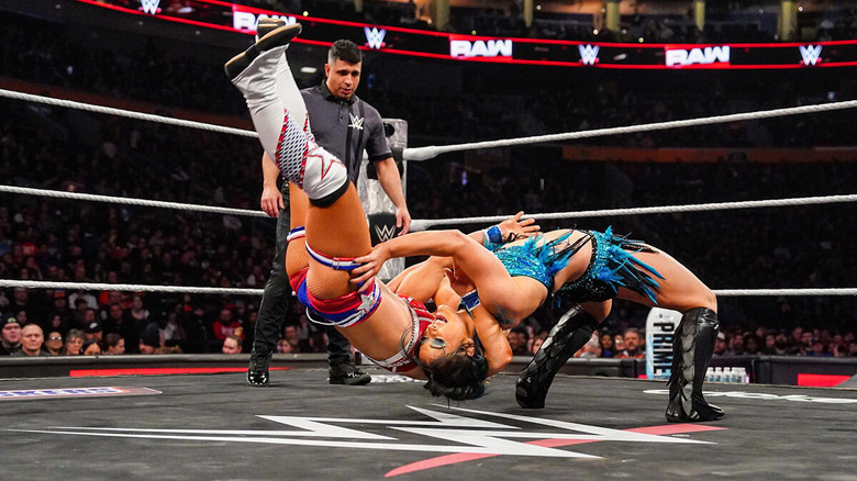 Lyra Valkyria suplexing Ivy Nile on "WWE Raw"