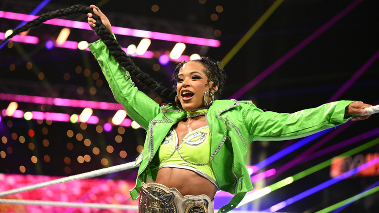 Belair with her WWE Women's Tag Team Championship belt