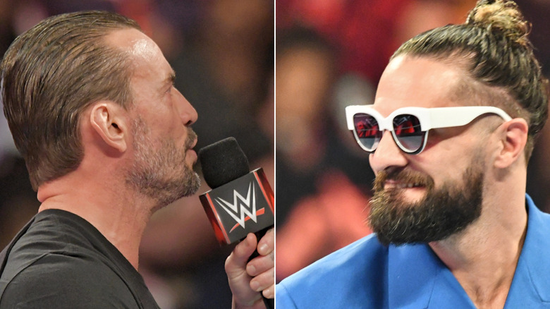 Split image with CM Punk and a microphone and Seth Rollins wearing singlasses