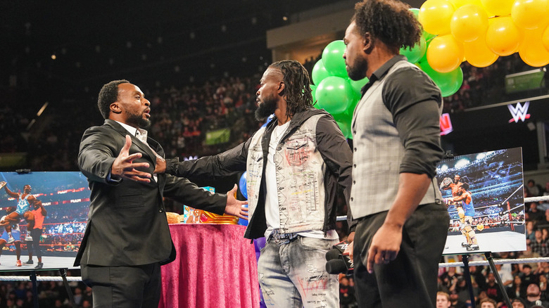 Big E, Kofi Kingston and Xavier Woods during The New Day 10th anniversary on WWE Raw