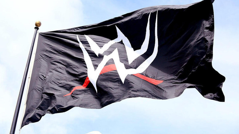 A black flag with WWE's logo ripples in the wind.