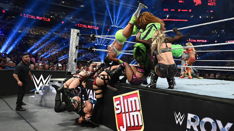 Nia Jax eliminates five women at the same time at WWE Royal Rumble.