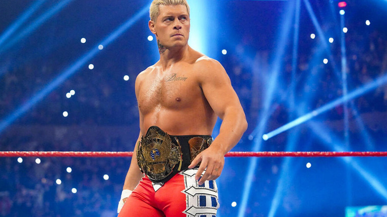 Cody Rhodes wearing "winged eagle" title belt in the ring on Saturday Night's Main Event