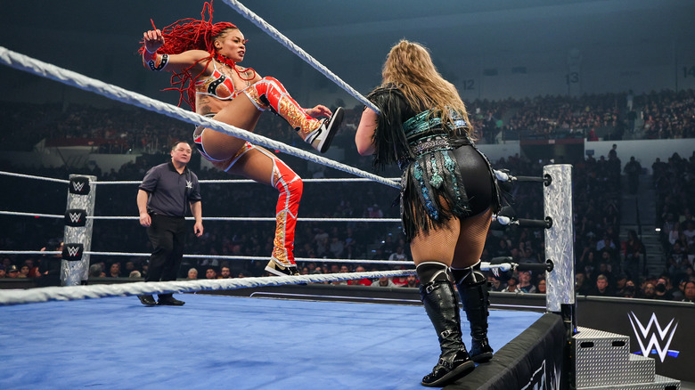 B-Fab delivers a kick to Piper Niven on the apron on "WWE SmackDown."