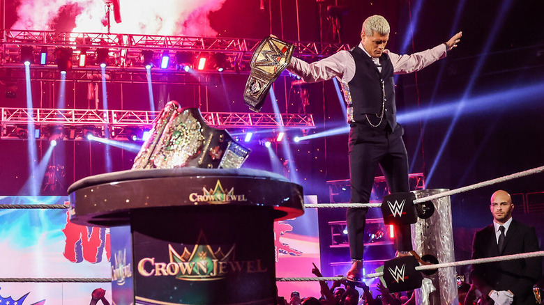 Cody Rhodes poses above the Crown Jewel Championship