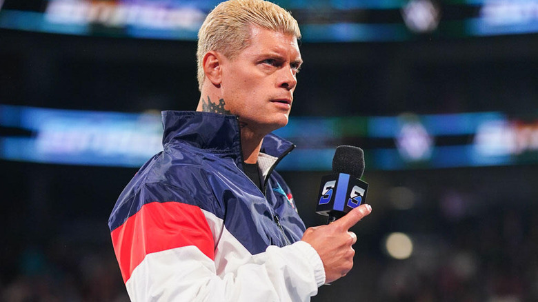 Cody Rhodes holds a microphone on "WWE SmackDown."