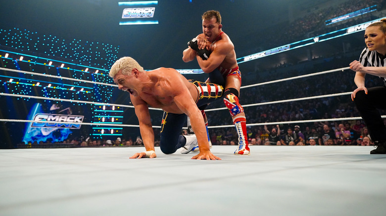 Chad Gable with an ankle lock on Cody Rhodes in the middle of the ring on "WWE SmackDown."