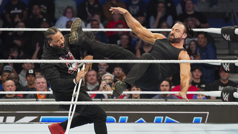 Drew McIntyre hits Claymore on Jimmy Uso and his crutch on "WWE SmackDown."