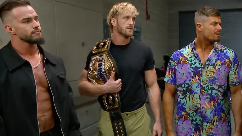 Logan Paul backstage with Austin Theory and Grayson Waller