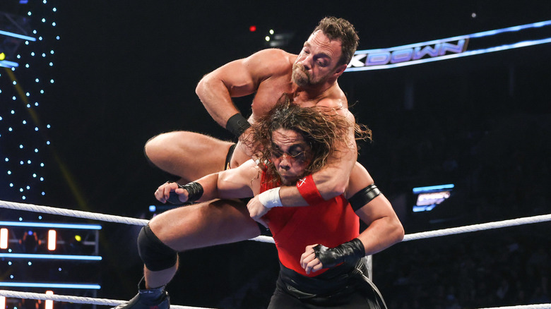 LA Knight with a Bulldog on Shinsuke Nakamura during SmackDown at Moda Center on January 10, 2025 in Portland, Oregon.