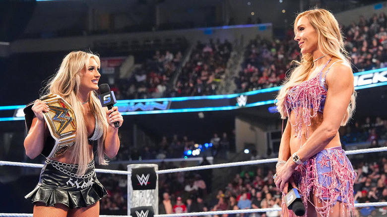 Tiffany Stratton confronts Charlotte Flair on the microphone on "WWE SmackDown."