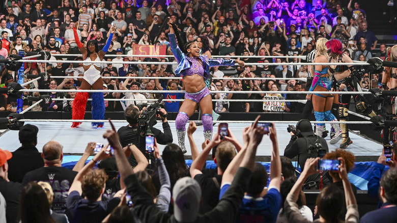 Bianca Belair makes her entrance in front of an enthusiastic crowd in Lyon, France.