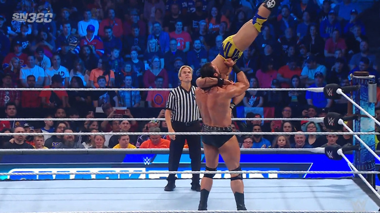 McIntyre about to hit a vertical suplex on Theory