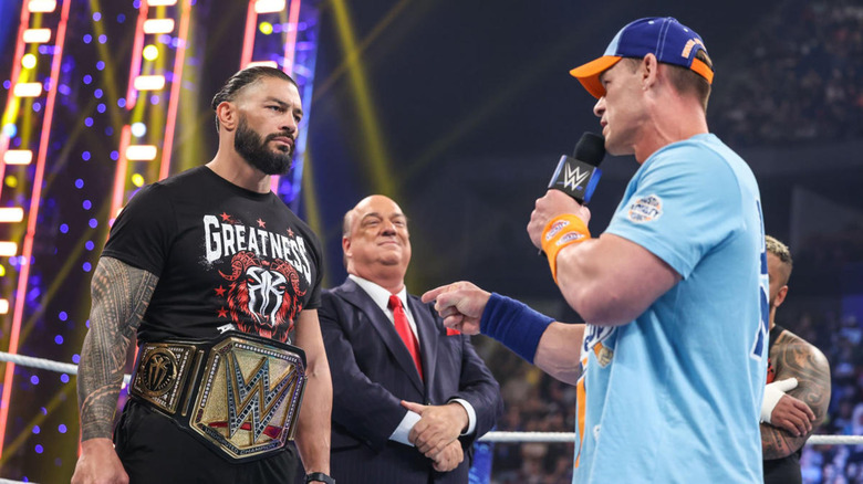 Roman Reigns, Paul Heyman, and John Cena on SmackDown