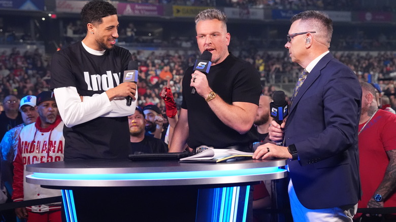 Tyrese Haliburton, Pat McAfee and Michael Cole on WWE SmackDown