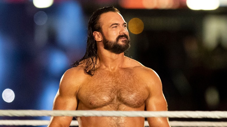 Drew McIntyre looks to the crowd in the ring before his match at Clash At The Castle.