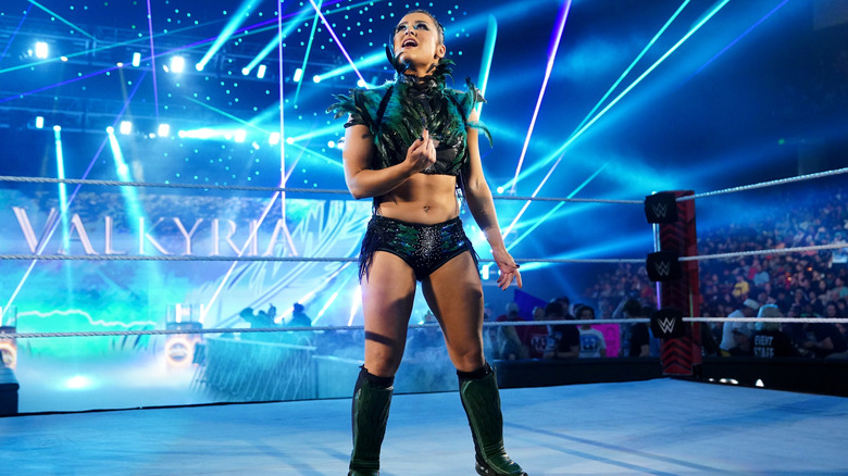 Lyra Valkyria makes her in-ring entrance during an episode of Monday Night RAW at Bon Secours Wellness Arena on May 13, 2024 in Greenville, South Carolina.