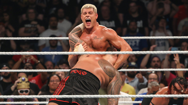 Cody Rhodes prepares to hit Solo Sikoa with the Cross Rhodes