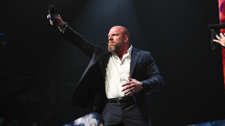 Triple H speaks during WWE Clash at the Castle Kickoff in SEC Centre Hall at the Scottish Event Campus on June 14, 2024 in Glasgow, Scotland.