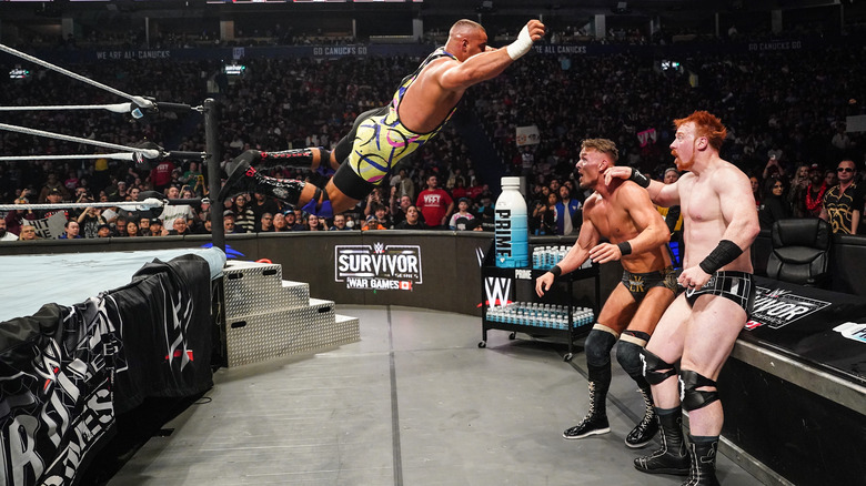 Bron Breakker leaps onto Sheamus and Ludwig Kaiser on the outside at WWE Survivor Series