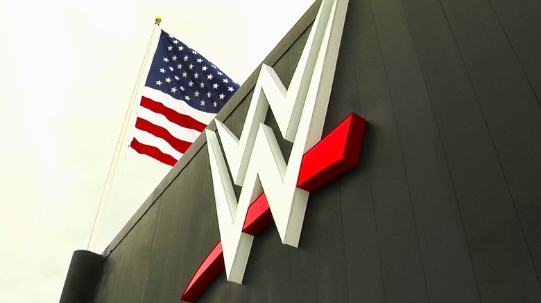 WWE proudly displays their logo on a black background with the American flag waving in the background.