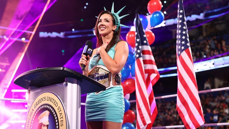 Chelsea Green addresses the "WWE SmackDown" crowd after winning the first-ever United States Women's Championship