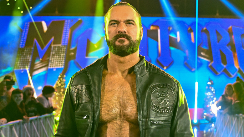 Drew McIntyre wearing a black leather jacket