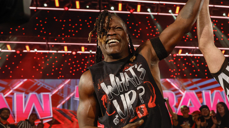 R-Truth celebrates his win during Monday Night RAW at Angel of the Winds Arena on December 2, 2024 in Everett, Washington.