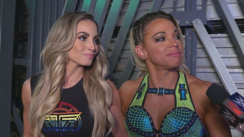 Trish Stratus and Zoey Stark doing a WWE interview backstage
